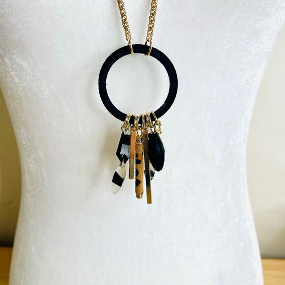 INC Gold Tone Black Felt Round Pendant Animal Print Bead Dangles Necklace - Picture 4 of 5